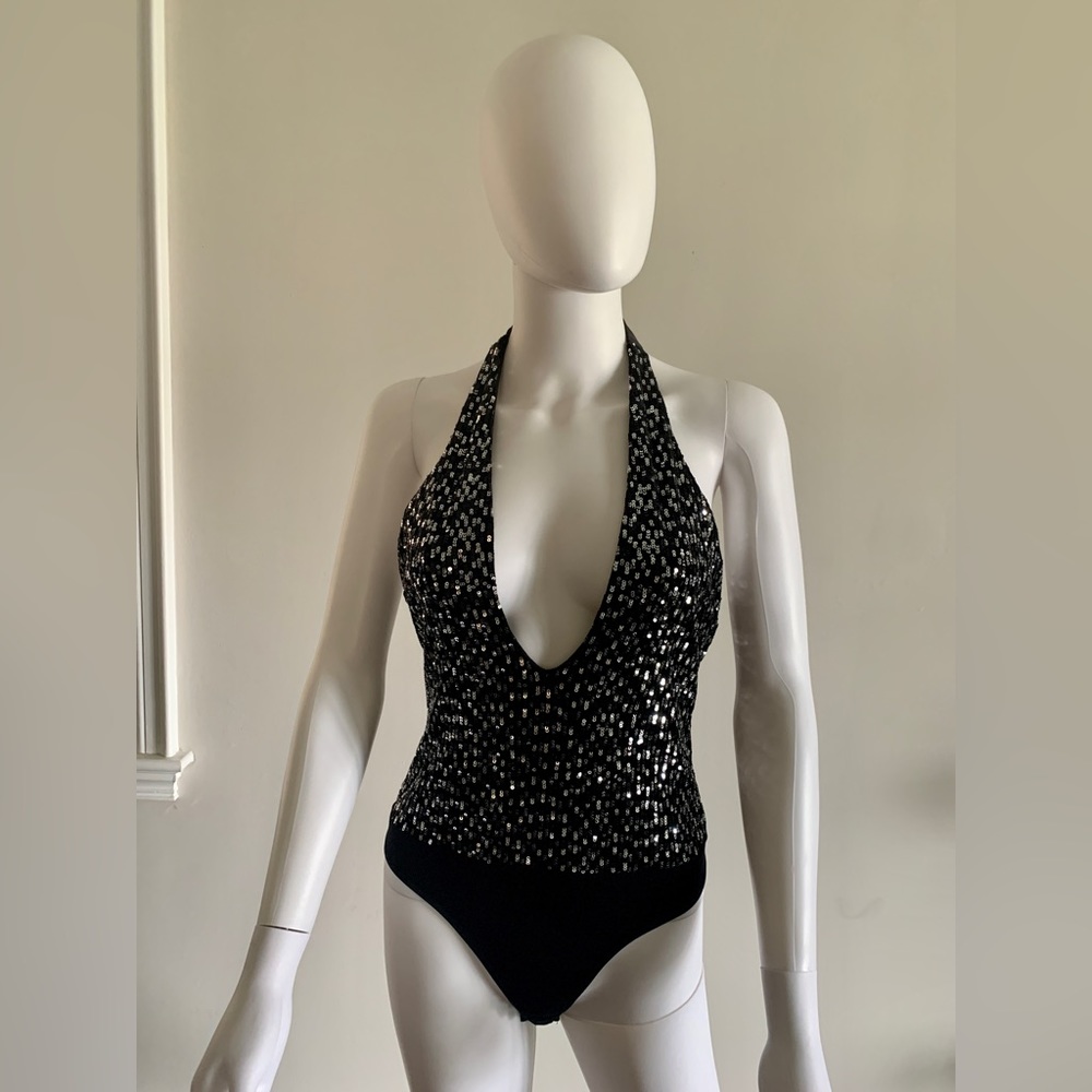 NWOT Marciano Denice Velvet Embelleshed Bodysuit in Black and Sequin